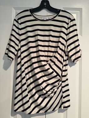 Chico's Black and White Striped Short Sleeve Twist-Front Tee